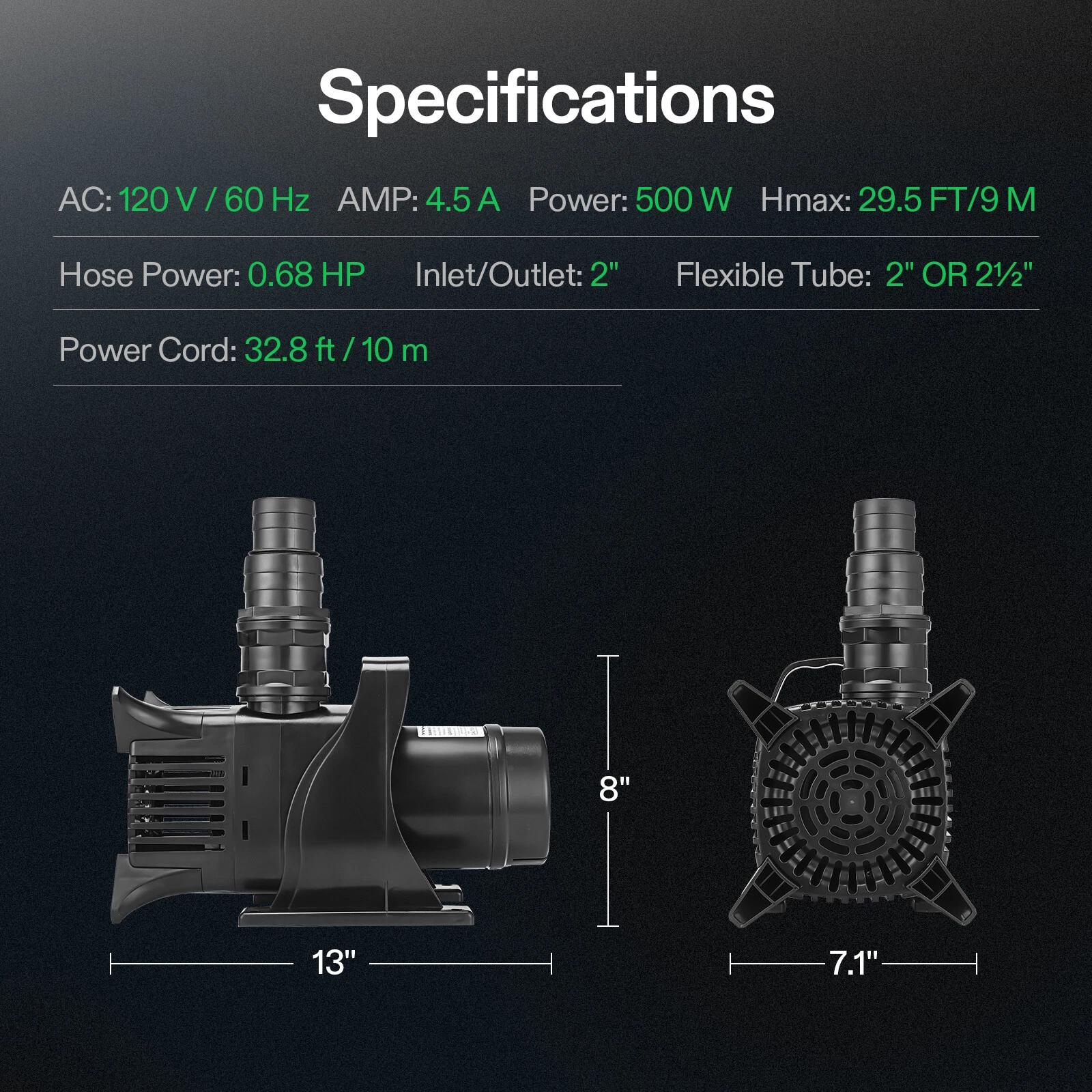 Bomba de agua sumergible 500w 120v 516LPM 9MTS para fuentes de agua cascadas - Imagen 4